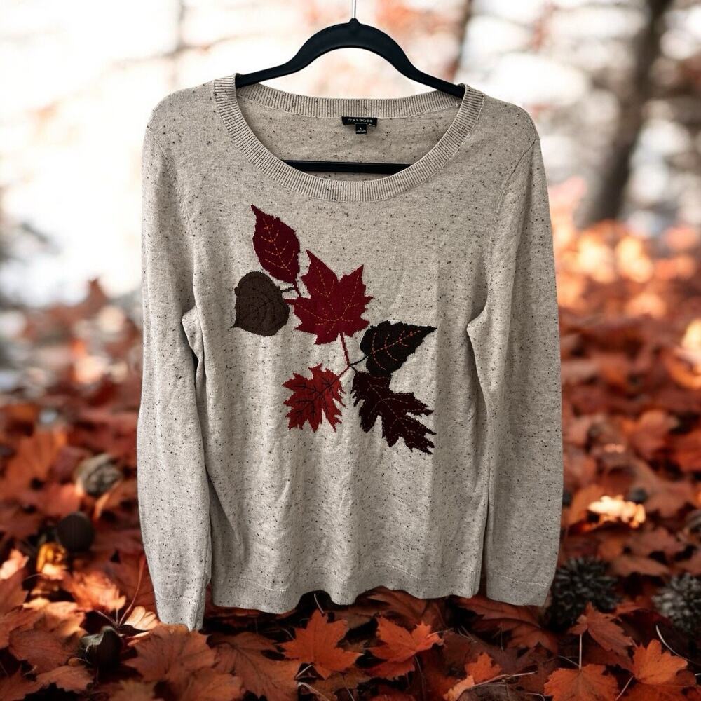 Talbots Leaves Lightweight Fall Autumn Beige Gray speckled‎ Sweater SIZE Large